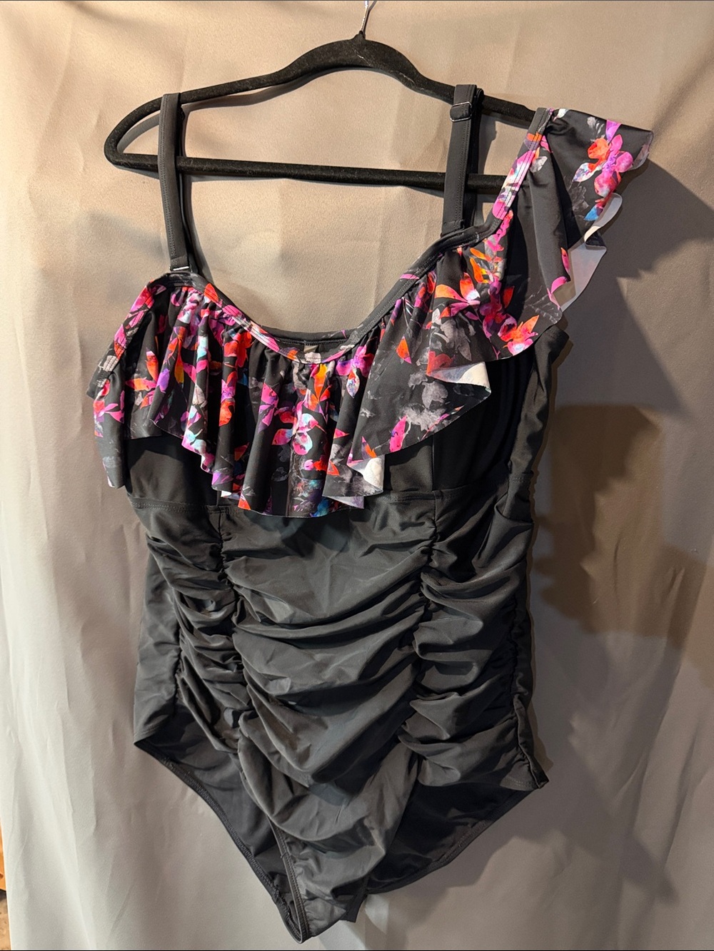 torrid Black One-Piece Swimsuit with Pink & Orange Floral Ruffle
